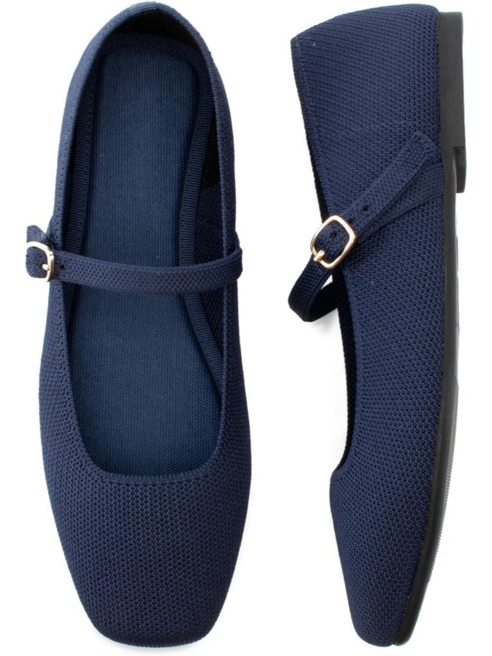 Women's Navy Square Toe Ankle Strap Casual Pull On Mary Jane Ballet Flats